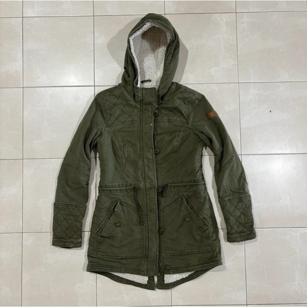 Vintage Hollister Parka Jacket Sherpa Lined Women S Overcoat Green Y2K Preppy